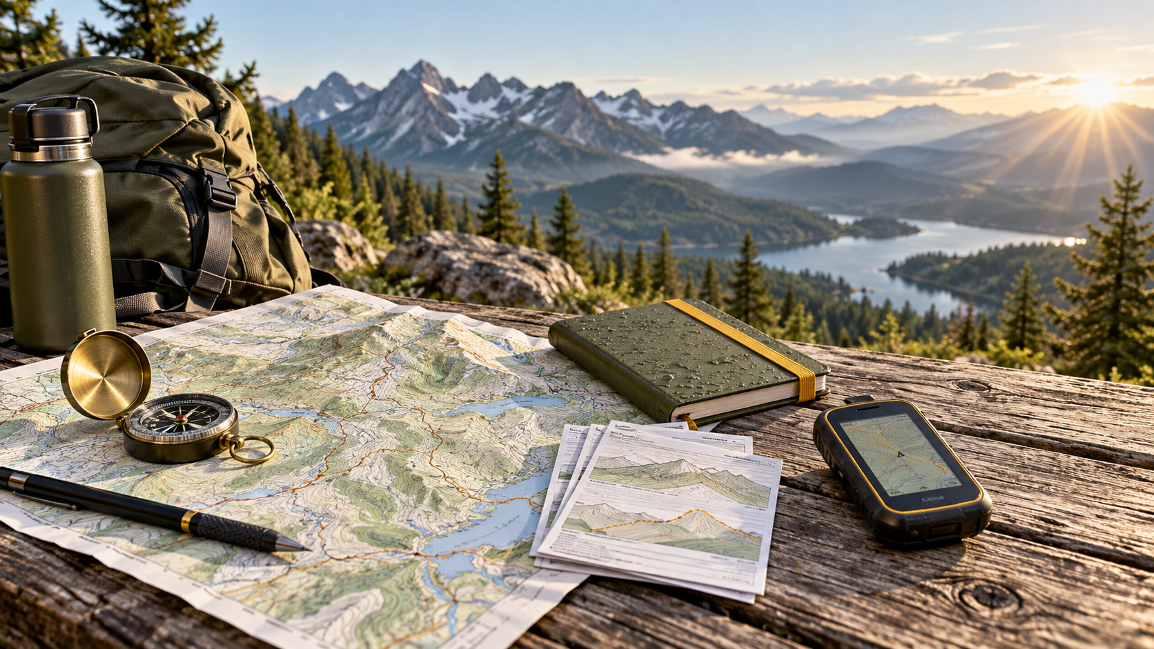 Trail map, compass and GPS at a mountain overlook